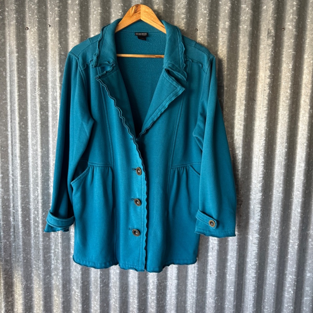 Nomadic Traders Teal Blue Fleece Lined Button Front Jacket Raw Edge Trim XL